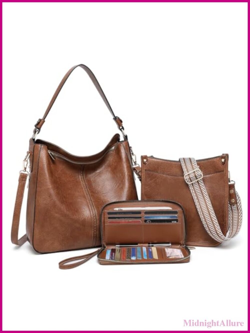 3PCS Vegan Leather Hobo Crossbody Bag Set with Wallet Guitar Strap